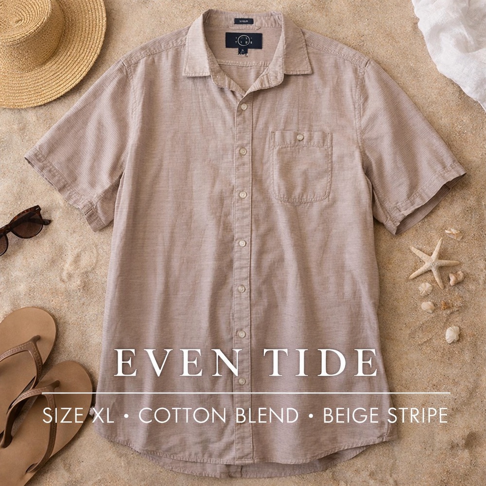 Even Tide Button Down Shirt XL Neutral Stripe Cotton Blend Short Sleeve‎ Casual